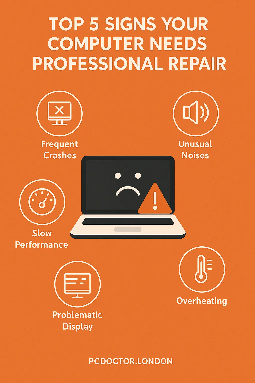 Flat-style infographic showing the top 5 signs your computer needs professional repair