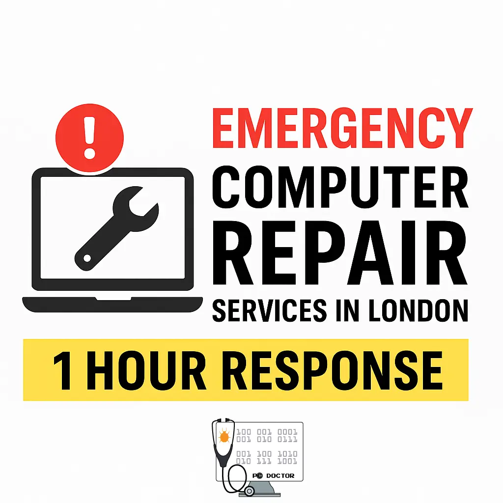 Promotional graphic for emergency computer repair services in London with a laptop, wrench icon, and bold "1 HOUR RESPONSE" text