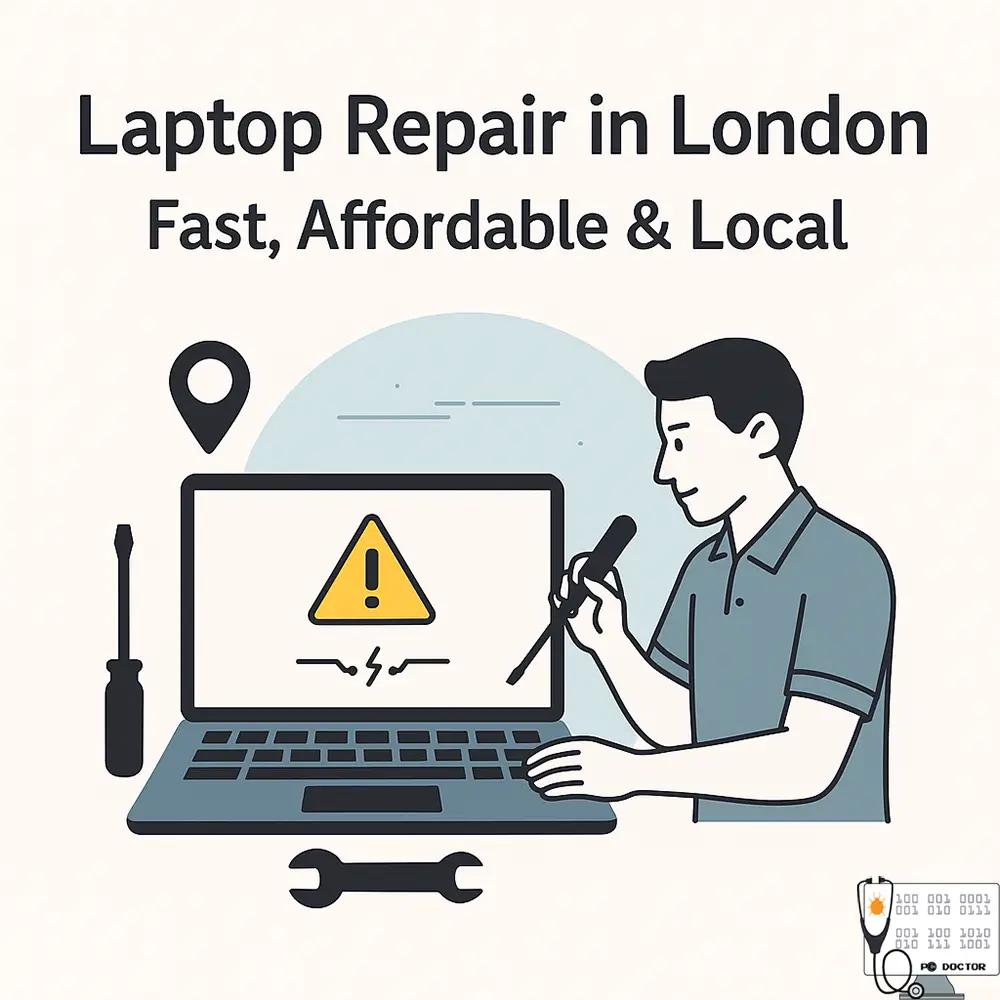 Flat-style illustration of a London laptop technician fixing a device with tools, featuring a warning icon on the screen