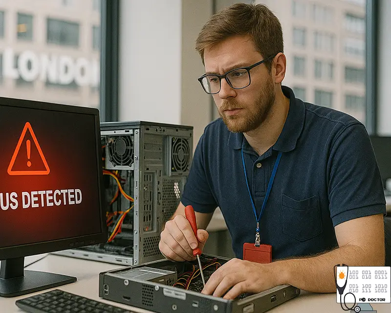 Technician removing malware from a customer’s laptop in a London workshop