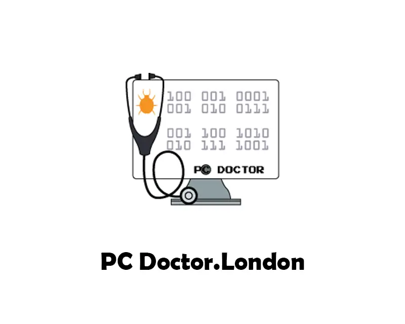 PC Doctor London logo featuring a stethoscope on a computer screen with binary code and a virus icon
