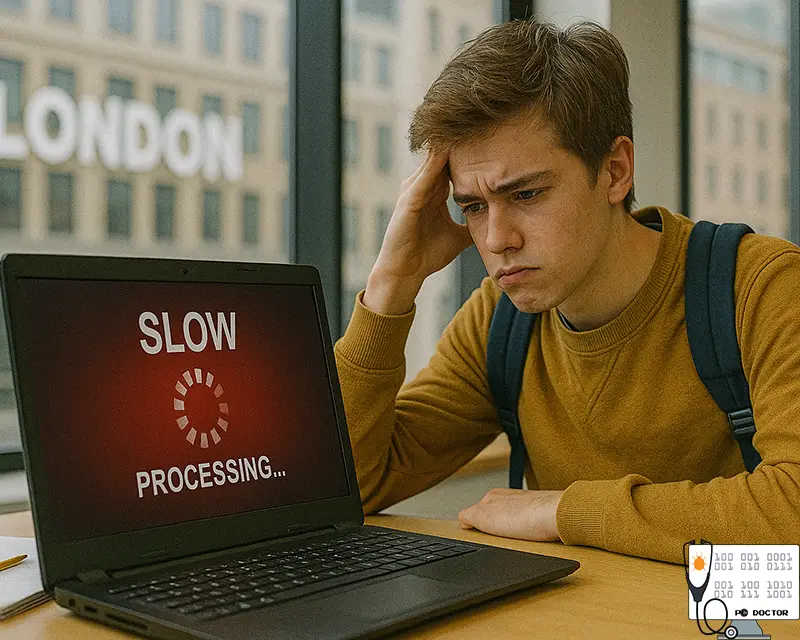 Student struggling with a slow laptop due to malware infection