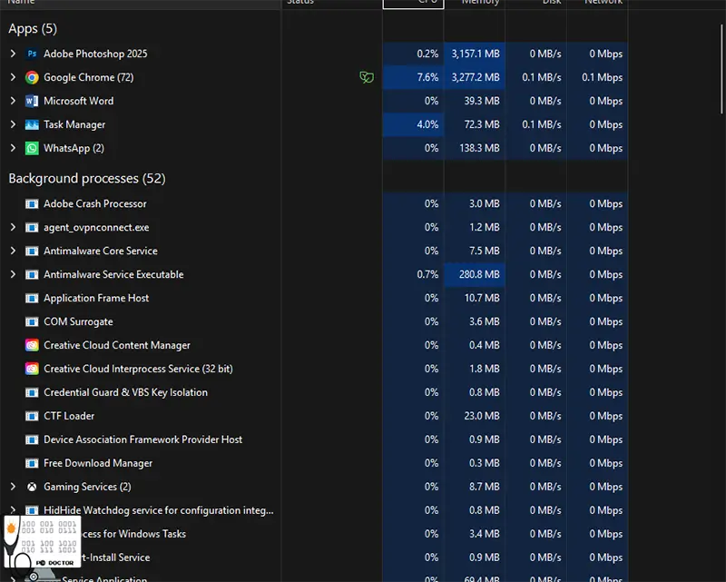 Windows Task Manager showing CPU, memory, and app usage statistics