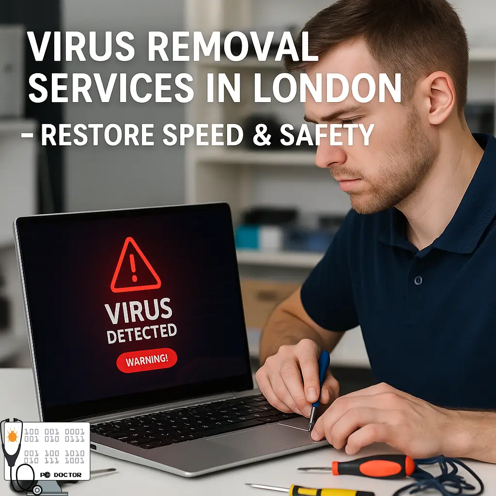 Technician performing virus removal on a laptop showing 'VIRUS DETECTED' alert in London