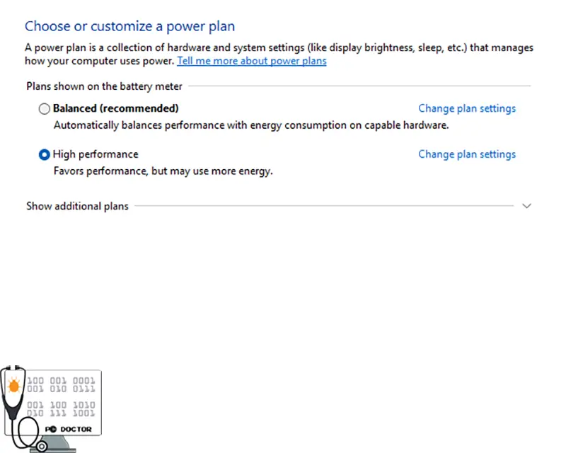 Windows power plan settings screen showing Balanced and High Performance options