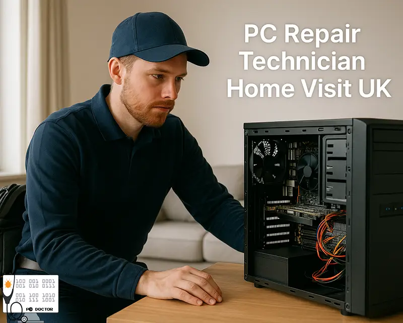 PC technician fixing a desktop at a customer’s home in London
