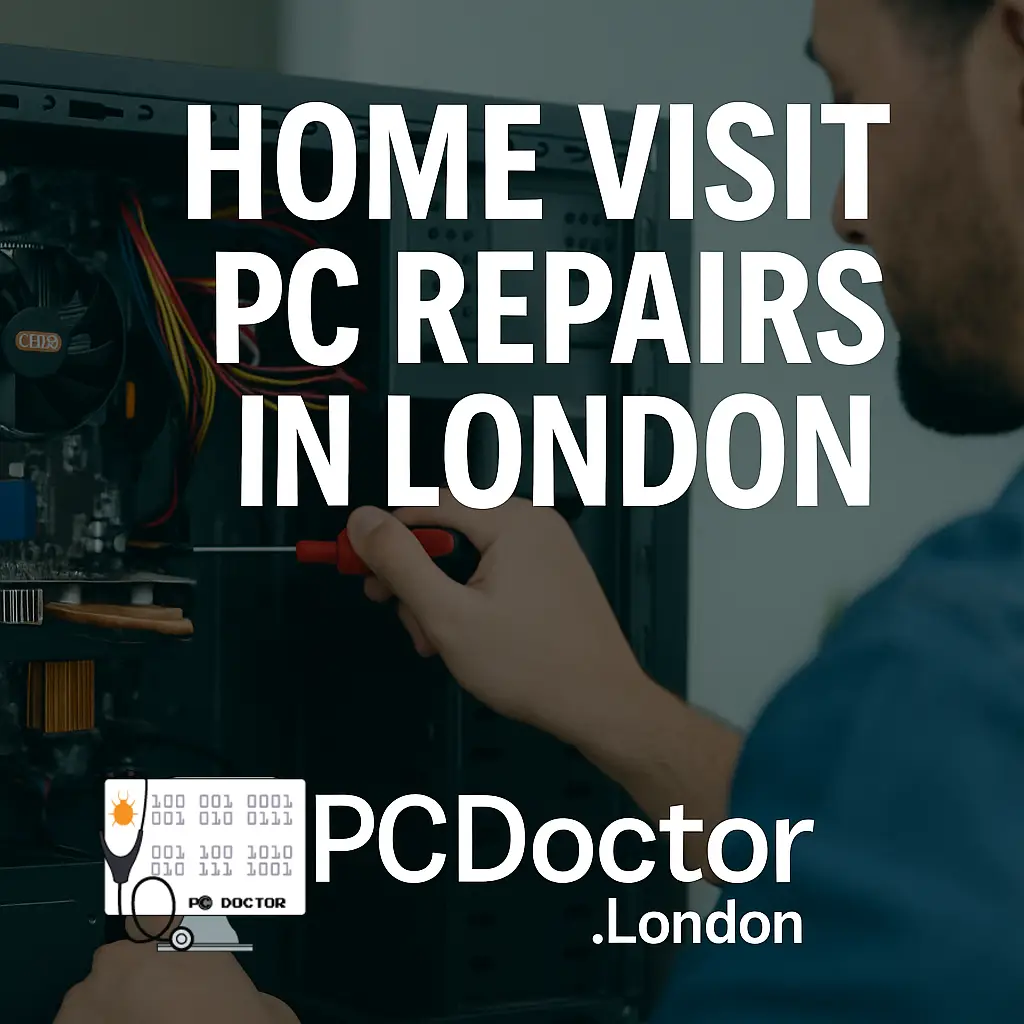 Technician repairing a desktop computer with bold title text “Home Visit PC Repairs in London”