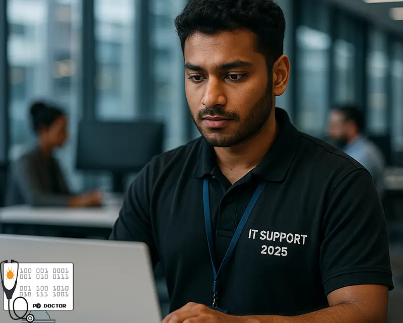 IT engineer helping client with computer issues in London