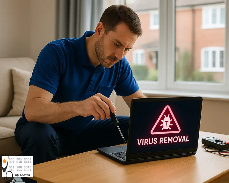 Technician removing malware from a client’s laptop during a home visit