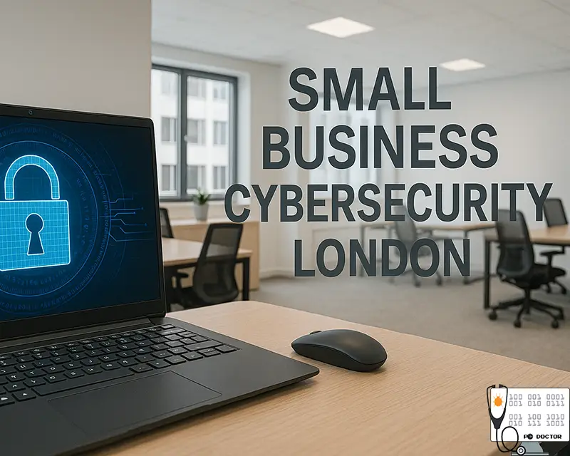 A London small business owner reviewing cybersecurity policies on a laptop