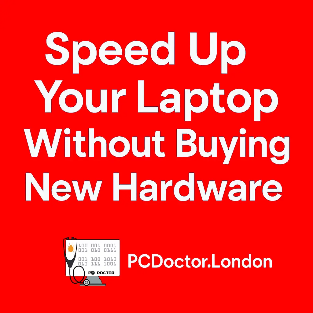 Promotional graphic for "Speed Up Your Laptop Without Buying New Hardware" featuring PCDoctor.London