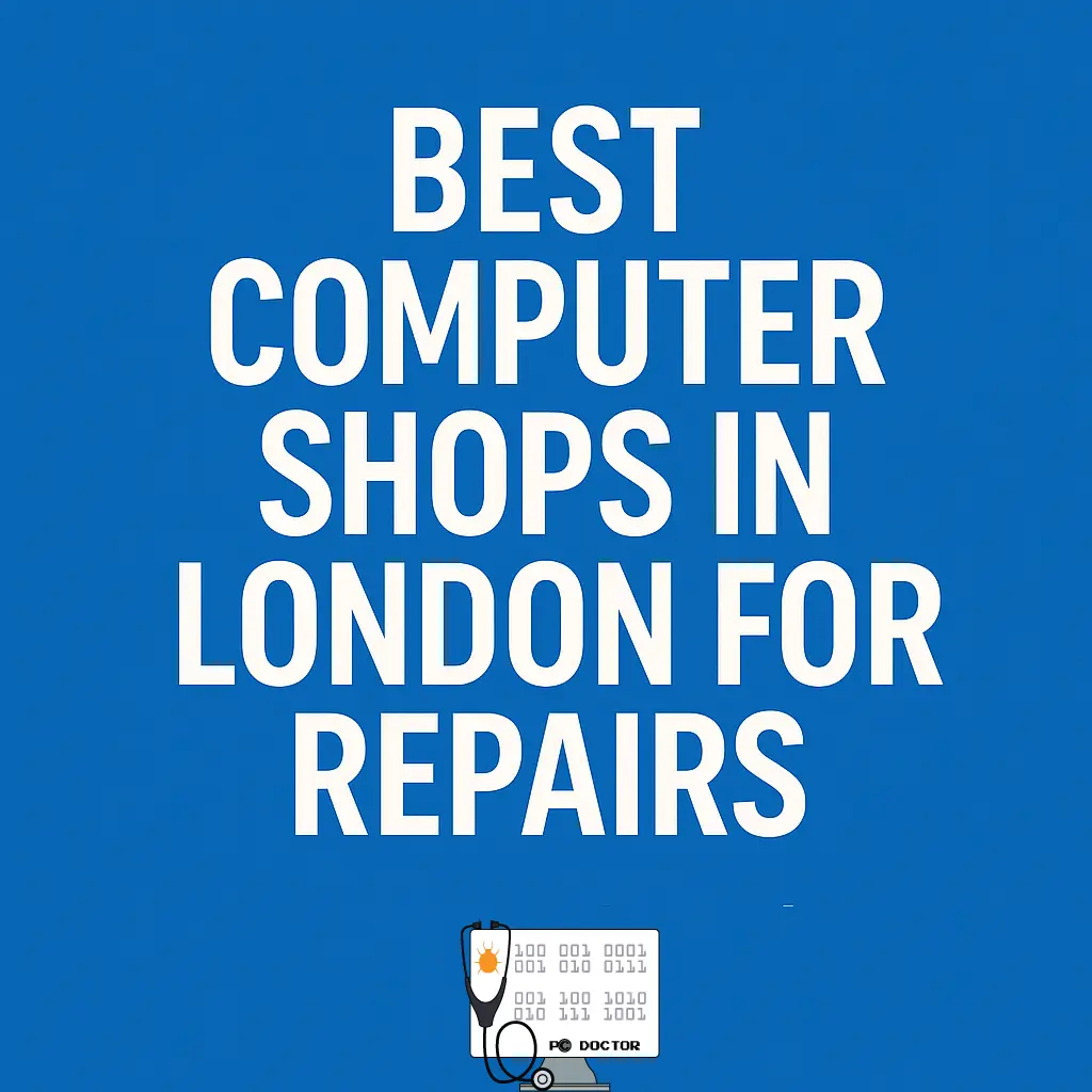 Promotional graphic for “Best Computer Shops in London for Repairs” featuring PCDoctor.London