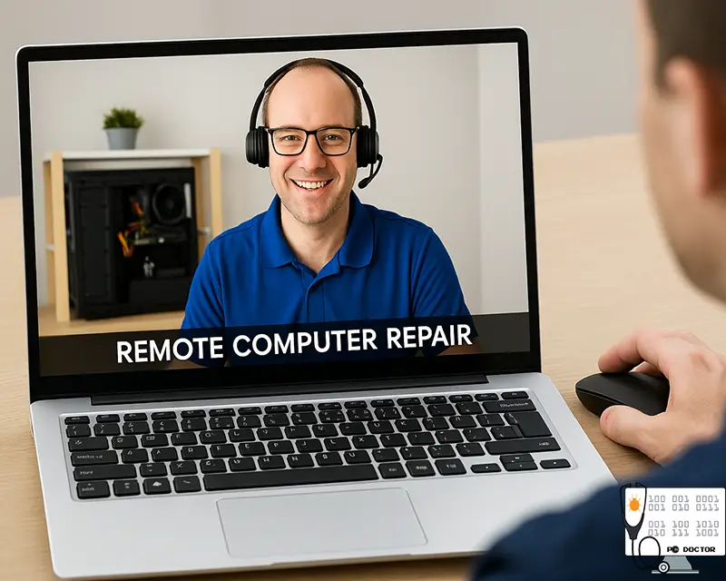 A remote desktop session showing live computer repair support